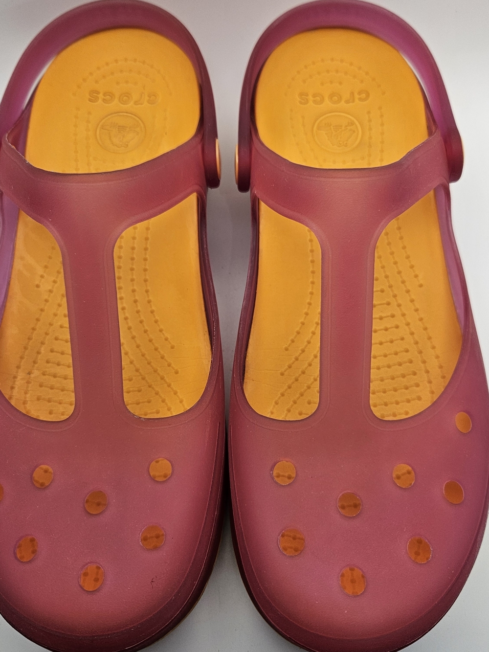 Women's Pink & Orange Mary Jane Crocs Size 8W Slip on T Strap Jelly Comfort Shoe